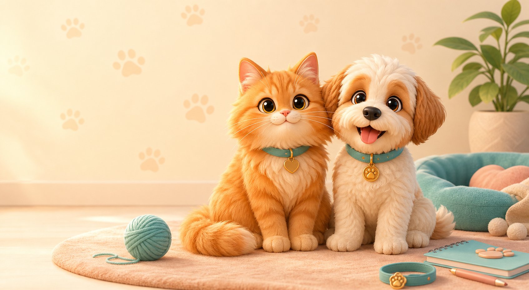 Cute orange cat and small happy dog wearing name tags in a cozy pet room